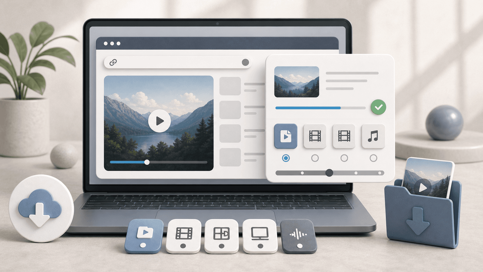 Mac laptop illustration with a browser download panel and format chips.