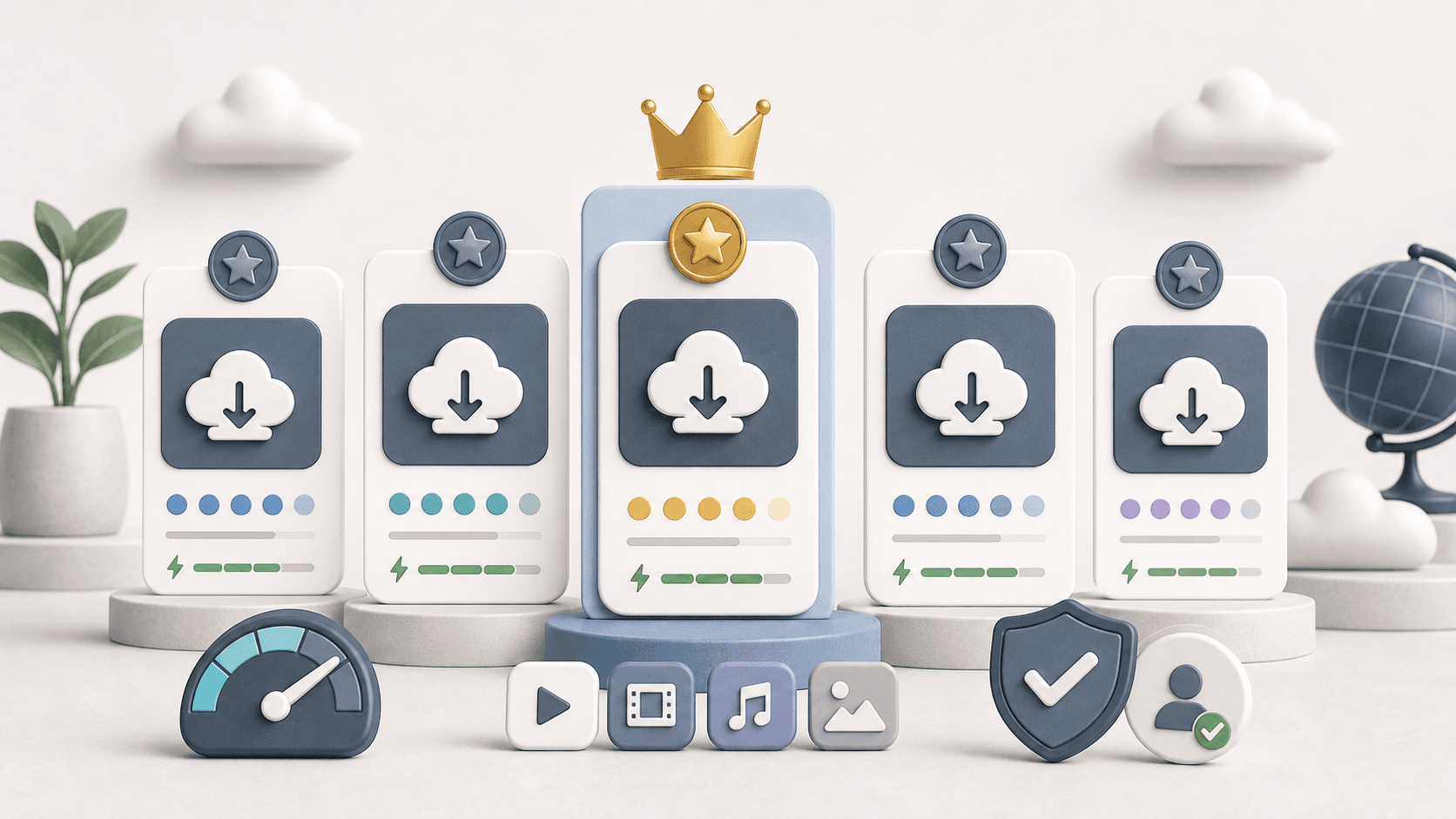 Editorial ranking board with five abstract downloader cards.