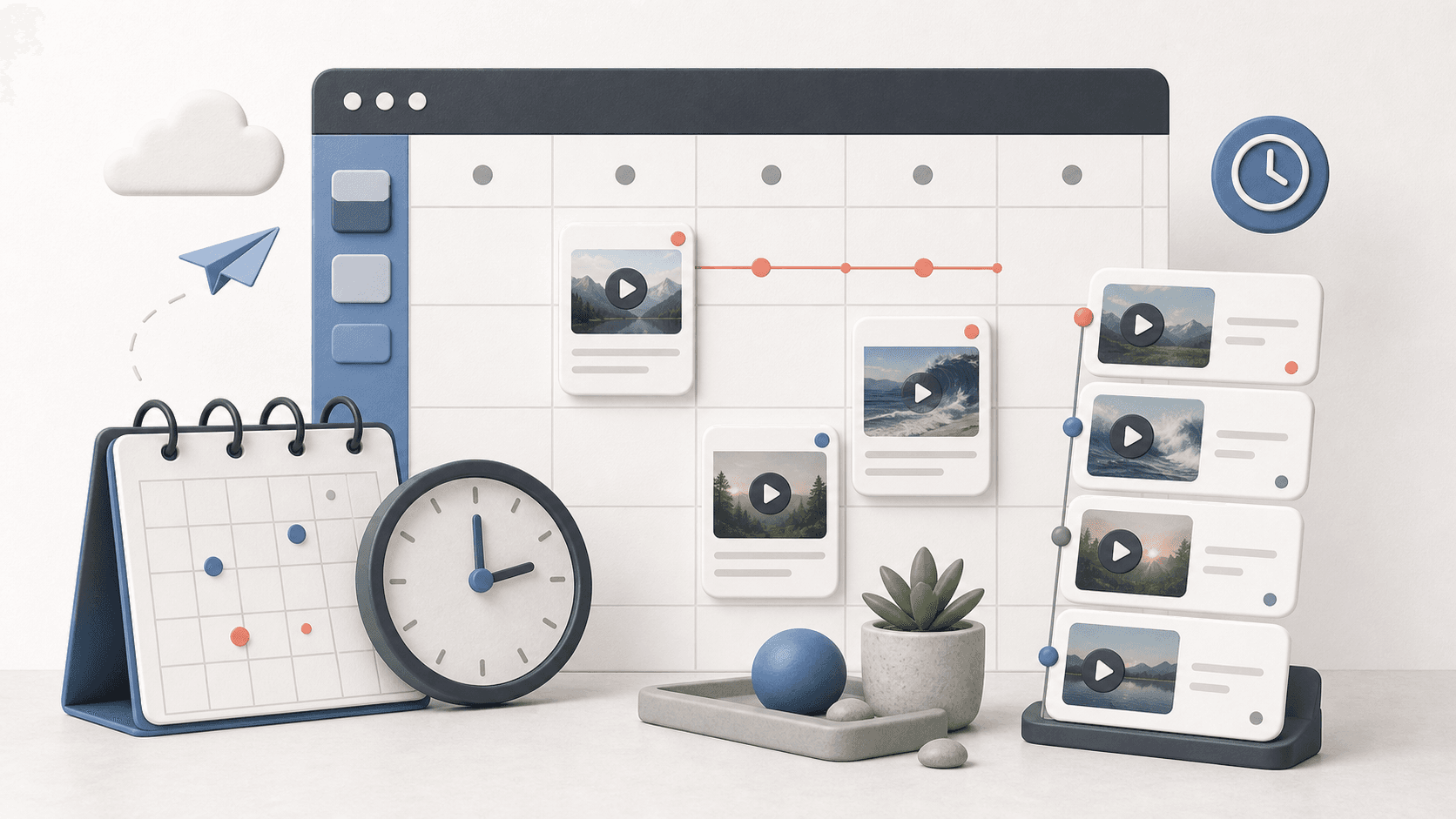 Content calendar illustration with video cards and a clock.